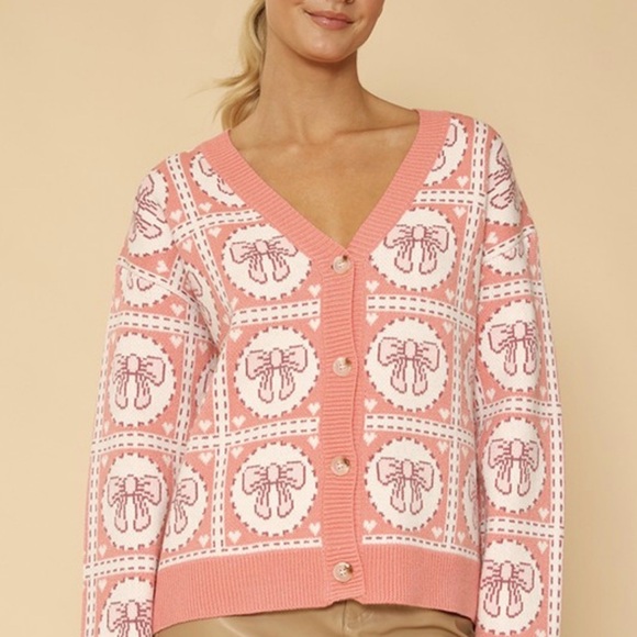 New Miss Sparkling pink bow cardigan sweater sz S M L - Picture 3 of 3